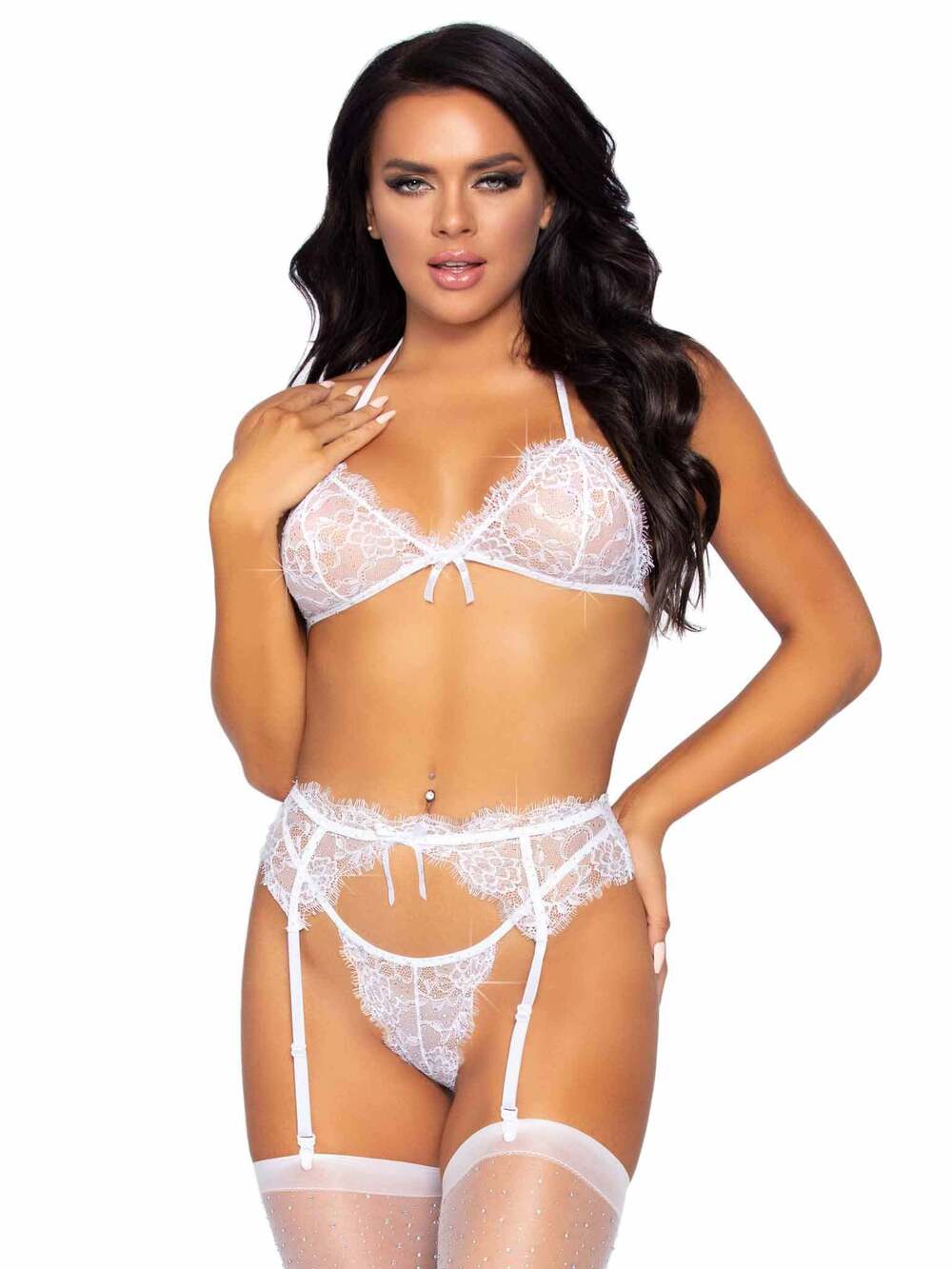 leg Avenue - Love to Love Rhinestone Lace Bra Set - WHITE
